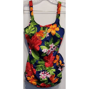 Maxine of Hollywood One Piece Floral Tummy Hiding Skirt Accent Swimsuit Size 14